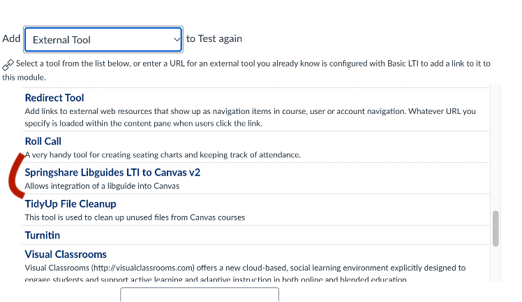 screenshot of external tool list